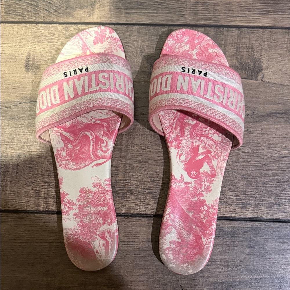 Dior Pink Toile Logo Slide Sandals